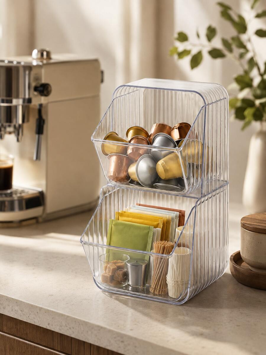 1pc 2-Tier Clear Coffee Capsule Organizer, Transparent Plastic Stackable Desktop Storage Bin With Front Open Design, Coffee Pod Tea Bag Organizer For Kitchen Counter, Coffee Bar, Fall Home Organization - Transparent - View 1