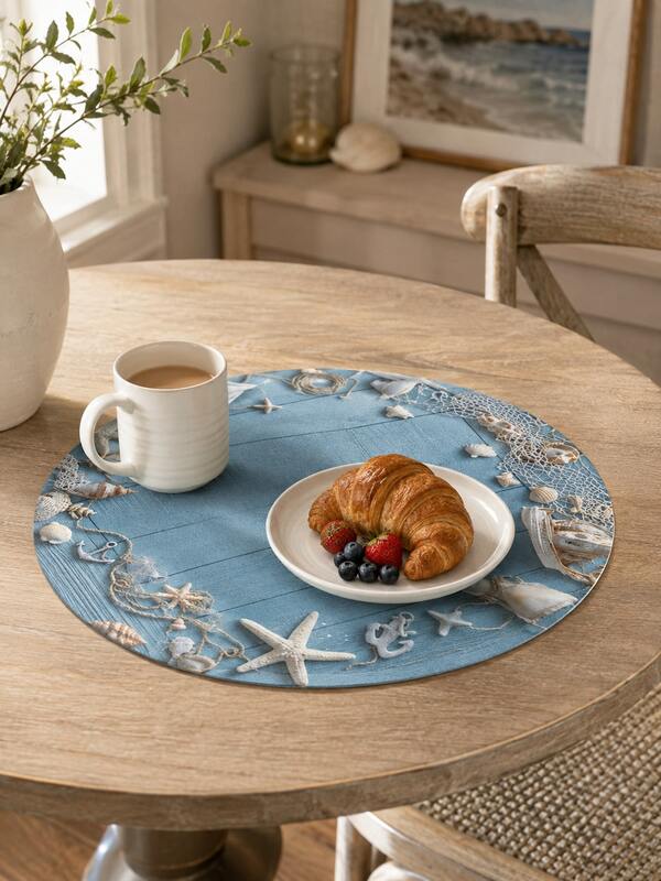 Coastal Style Round Placemat, Blue Wood Grain Starfish Shell Fishing Net Anchor Print Table Mat, Nautical Beach Ocean Theme Dining Table Decor, Suitable For Kitchen Dining Room Patio And Seaside Vacation Home Summer Party Daily Meal Table Setting