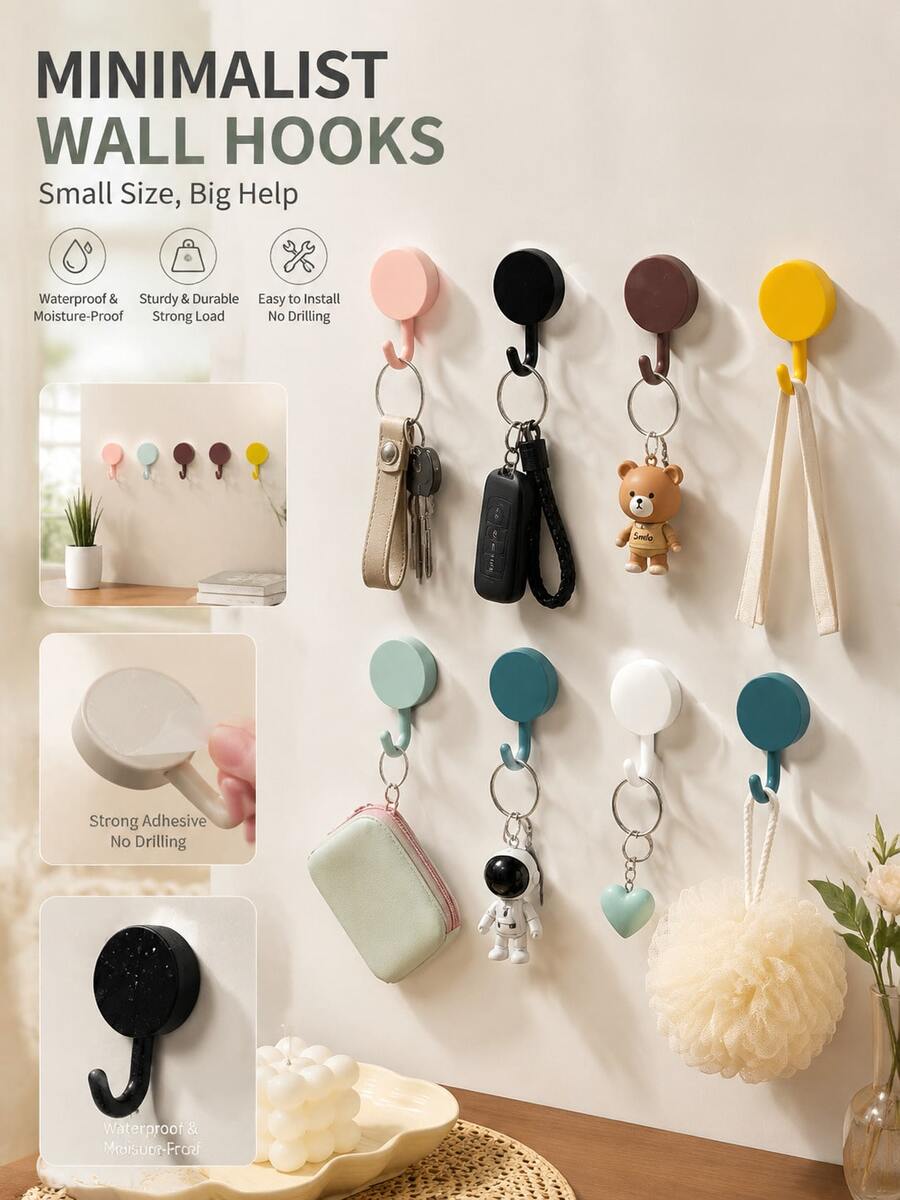 Colorful Self-Adhesive Hooks, Cute Wall Hooks, Towel Hooks, Home Storage, Plastic Adhesive, Decorative Wall, Kitchen Bathroom Office Closet Self-Adhesive Hooks