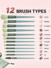 FSJF FIX Green 12-Piece Makeup Brush Set With Halloween Drawstring Storage Pouch, White Handle Rose Gold Tone Face And Eye Brushes For Foundation, Powder, Blush, Eyeshadow, Brows, Daily Beauty Routines, Party Looks, Travel And Makeup Organization - Green - View 4