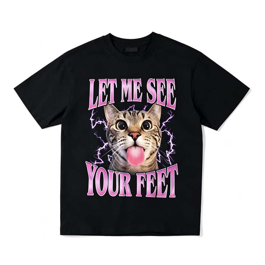 Meme Chat Farceur << Let Me See Your Feet », T-Shirt Ample En Coton à Col Rond, Cadeau Hilarant Pour Amis, Street-Style, Voyage, été, Ropa Mujer - 黑色 - 查看 1