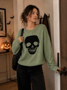 Plus Size Women's Autumn/Winter Sweater, New Fashionable Casual Y2K Skull Cute Jacquard Knit Crew Neck Long Sleeve Pullover Sweater Top, Suitable For Daily, Commute, Party, Halloween, Christmas, Thanksgiving, Street Photography - Green - View 9