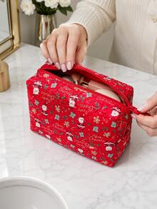 Christmas Quilted Makeup Bag, Festive X‑Mas Print Zipper Cosmetic Pouch, Portable Travel Toiletry Storage Bag For Holiday Gift - Multicolor - View 8