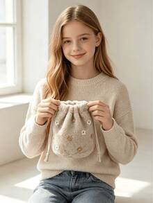 1pc Faux Lamb Fur Drawstring Bucket Bag With Flower Plush Design, Handheld Storage Pouch - Plush - View 1