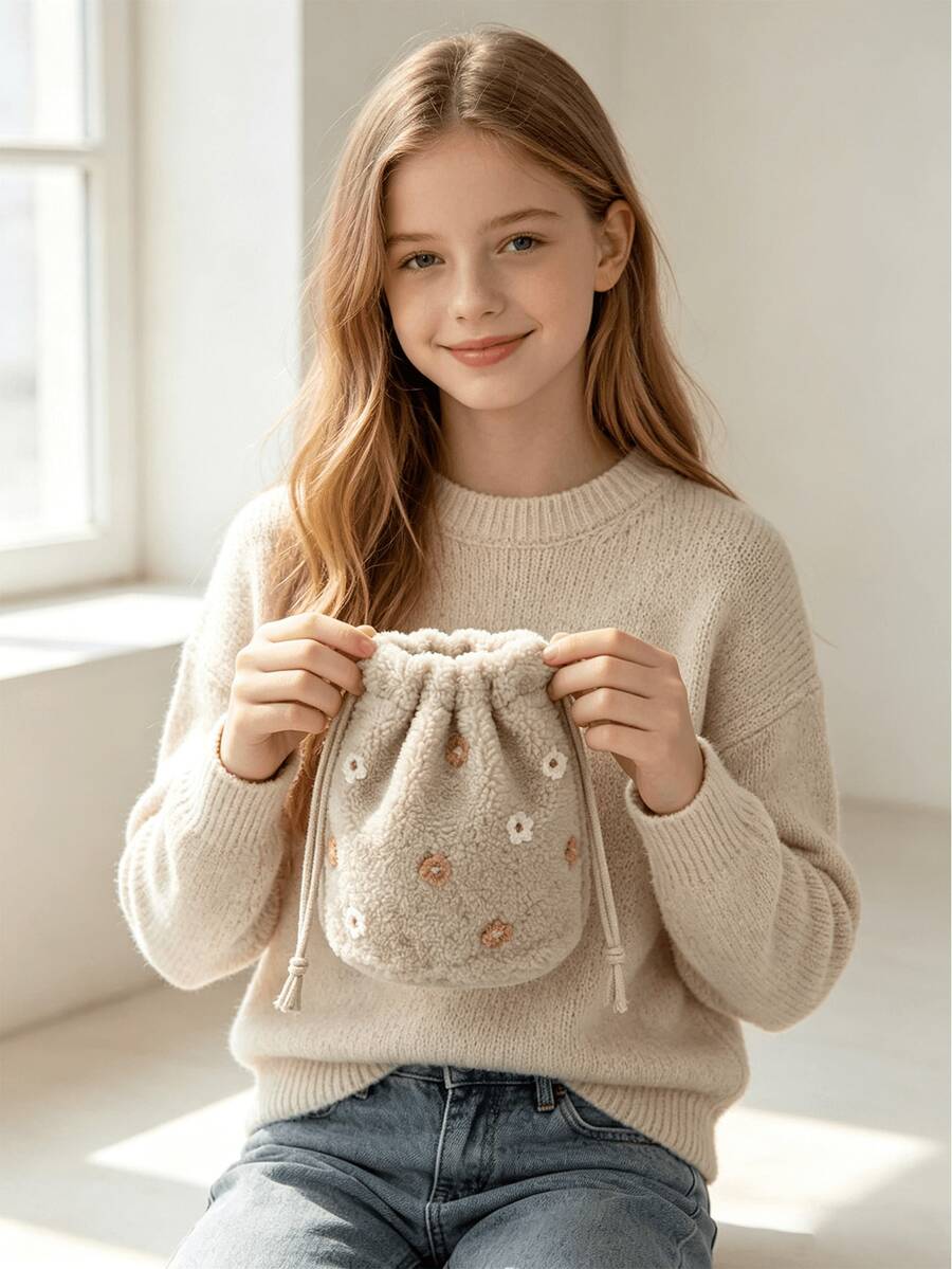 1pc Faux Lamb Fur Drawstring Bucket Bag With Flower Plush Design, Handheld Storage Pouch - Plush - View 1