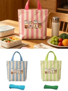 Set Tas Bekal Kanvas Bergaris + Tas Penyimpanan Peralatan Makan, Ringan, Dapat Dilipat, Mudah Dibersihkan, Untuk Kerja, Perjalanan, Bekal Sekolah, Piknik, Bepergian, Pekerja Kantoran, Pelajar, Komuter, Kembali ke Sekolah, Perlengkapan Perjalanan, Hadiah Ulang Tahun - MultiWarna - View 1