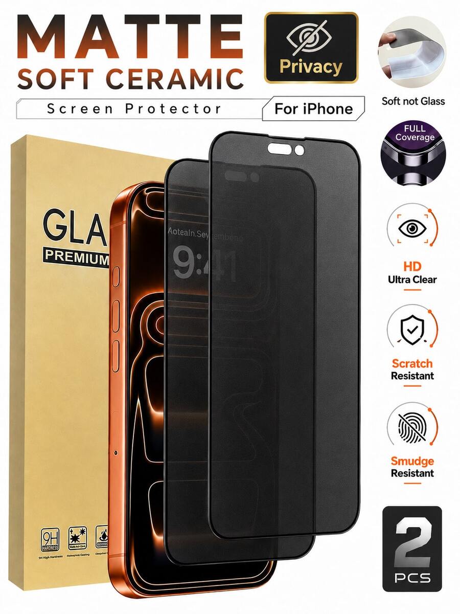 CASECOPS 2Pcs Ceramic Frosted Anti-Peeping Film, Compatible With IPhone 18 Pro Max/18 Pro/17 Pro Max/17 Pro/17 Air/17e/17/16 Pro Max/16 Pro/16 Plus/16e/16/15/14/13/12/11 And Other Series,Soft Matte Texture With A Silky Smooth Touch, Full Coverage, Anti-Fingerprint, Anti-Scratch, Compatible Phone Cases - 2Pcs - View 1