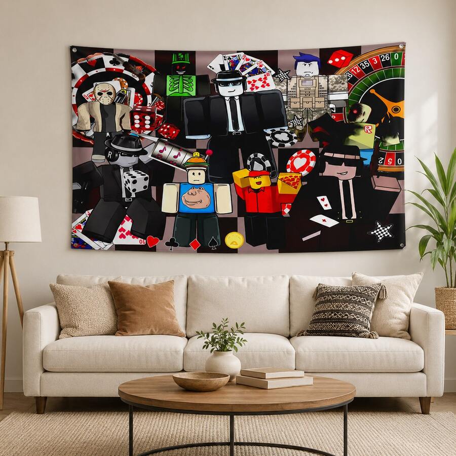 Roblox 1pc 150*100cm Roblo Casino Theme Backdrop, Cartoon Game Character Poker Dice Roulette Print Rectangular Photo Background, Birthday Game Night Casino Theme Party Decoration - Forsaken Chance Background - View 1