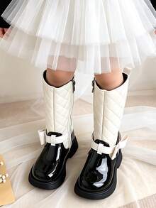 1 Pair Fashionable Girls' Gentle Style Rhombus Pattern Mid-Calf Boots, Side Zipper Bow Decor College Style Leather Boots, Suitable For Daily Wear, Suitable For Outdoor Activities, Suitable For Autumn/Winter - Beige - View 4