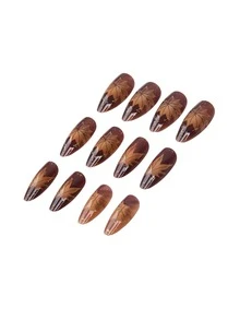 24片深棕色秋季穿戴式假指甲，中長杏仁形，亮面貓眼楓葉設計，不對稱橘棕漸層，高光亮片飾面，適合秋冬日常配戴 - 棕色 - 查看 6