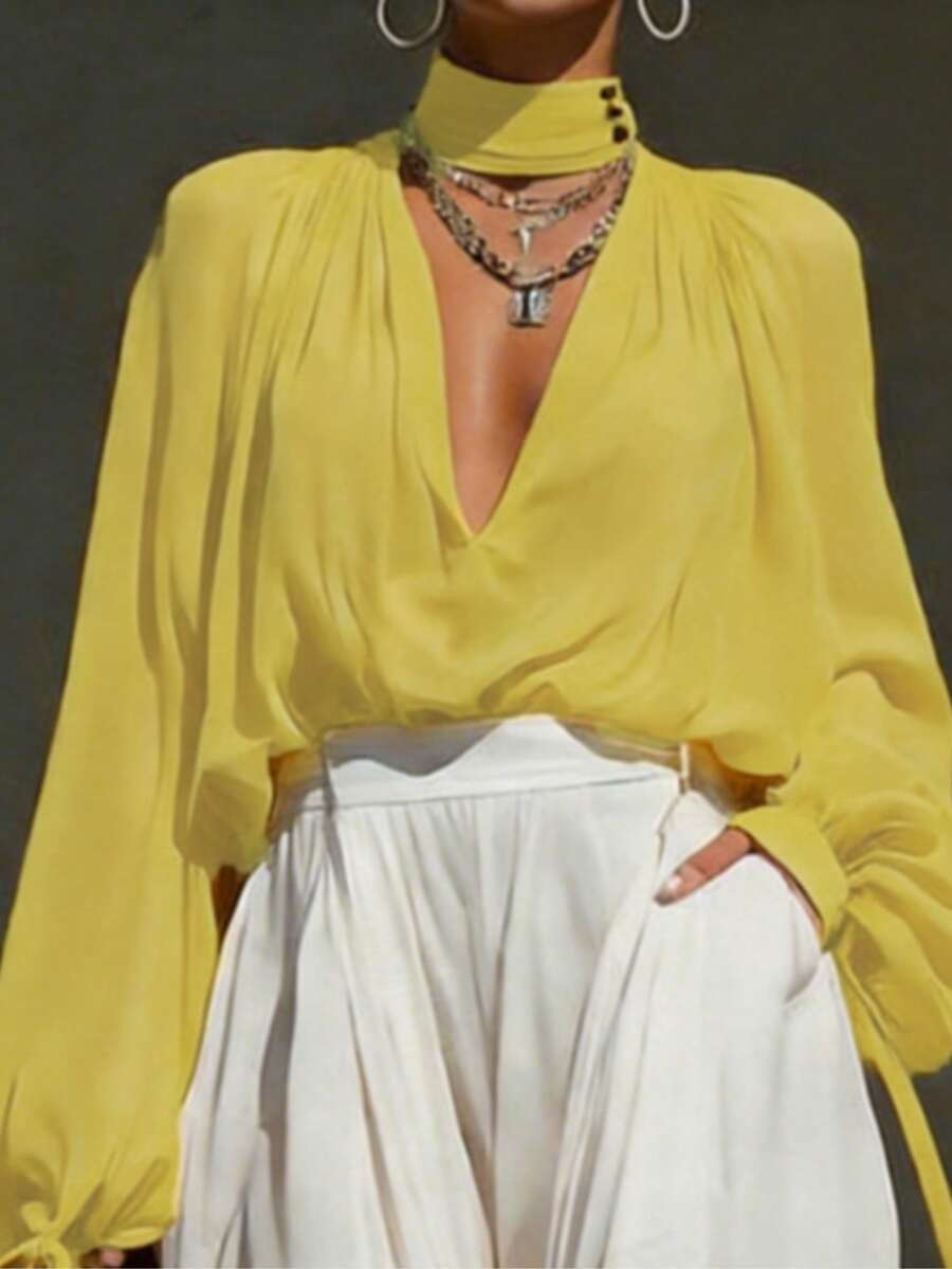 Fashionable Women's Chiffon Long Sleeve Blouse, Deep V-Neck Semi-Sheer Top, Suitable For Formal Occasions Yellow - Yellow - View 1