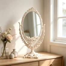 Vintage Oval Desktop Makeup Mirror, White Carved Decorative Vanity Mirror, 360° Rotating Double-Sided Tabletop Makeup Mirror, Suitable For Bedroom Vanity, Bathroom Decor - Apricot - View 8