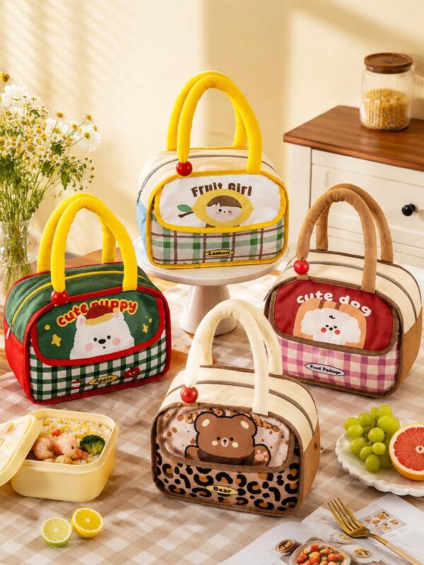6/1pc Novelty Aesthetic Graphic Print Aluminum Foil Insulated Lunch Bag With Beaded Fleece Top Handles, Large Capacity Thermal Food Bento Box Tote Pouch, Women Ladies Commuting Office Breakfast Meal Carrier, All-Season
