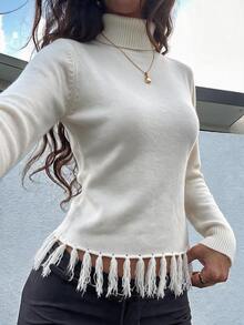SEREN Women's New High Neck Long Sleeve Knit Sweater, Tassel Design, Suitable For Daily Commute, Autumn/Winter Wear - White Apricot - View 3