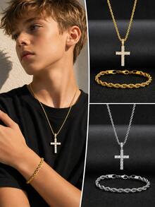2pcs/Set Hip Hop Iced Out Rhinestone Cross Pendant Twist Rope Chain Necklace Bracelet Streetwear Jewelry For Boys Party Daily Wear Gift - Multicolor - View 1