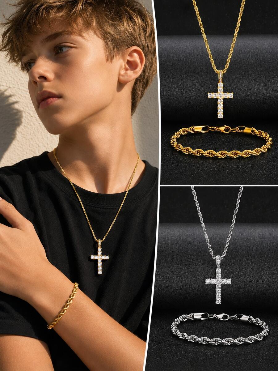 2pcs/Set Hip Hop Iced Out Rhinestone Cross Pendant Twist Rope Chain Necklace Bracelet Streetwear Jewelry For Boys Party Daily Wear Gift - Multicolor - View 1