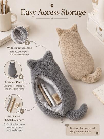 1pc Cat Shaped Plush Pencil Case, Cute Soft Large Capacity Stationery Storage Bag, Japanese Style Cute Cat Pen Pouch, Suitable For School, Office, Study, Desk Storage And Small Item Organization,Back To School