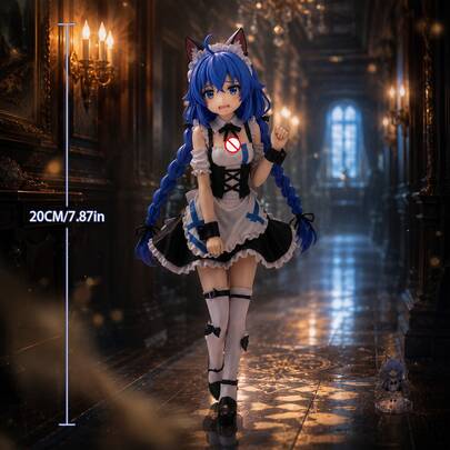 1pc 20cm Elegant Maid Anime Character Figure, PVC Blue Twin Tails Cat Ears Black & White Dress Tea Pouring Scene, Story Desktop Decor Collectible Gift