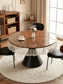 1pc Transparent PVC Round Tablecloth With White Floral Lace Trim, Suitable For Home, Kitchen, Party, Wedding Decoration - Off-white - View 1