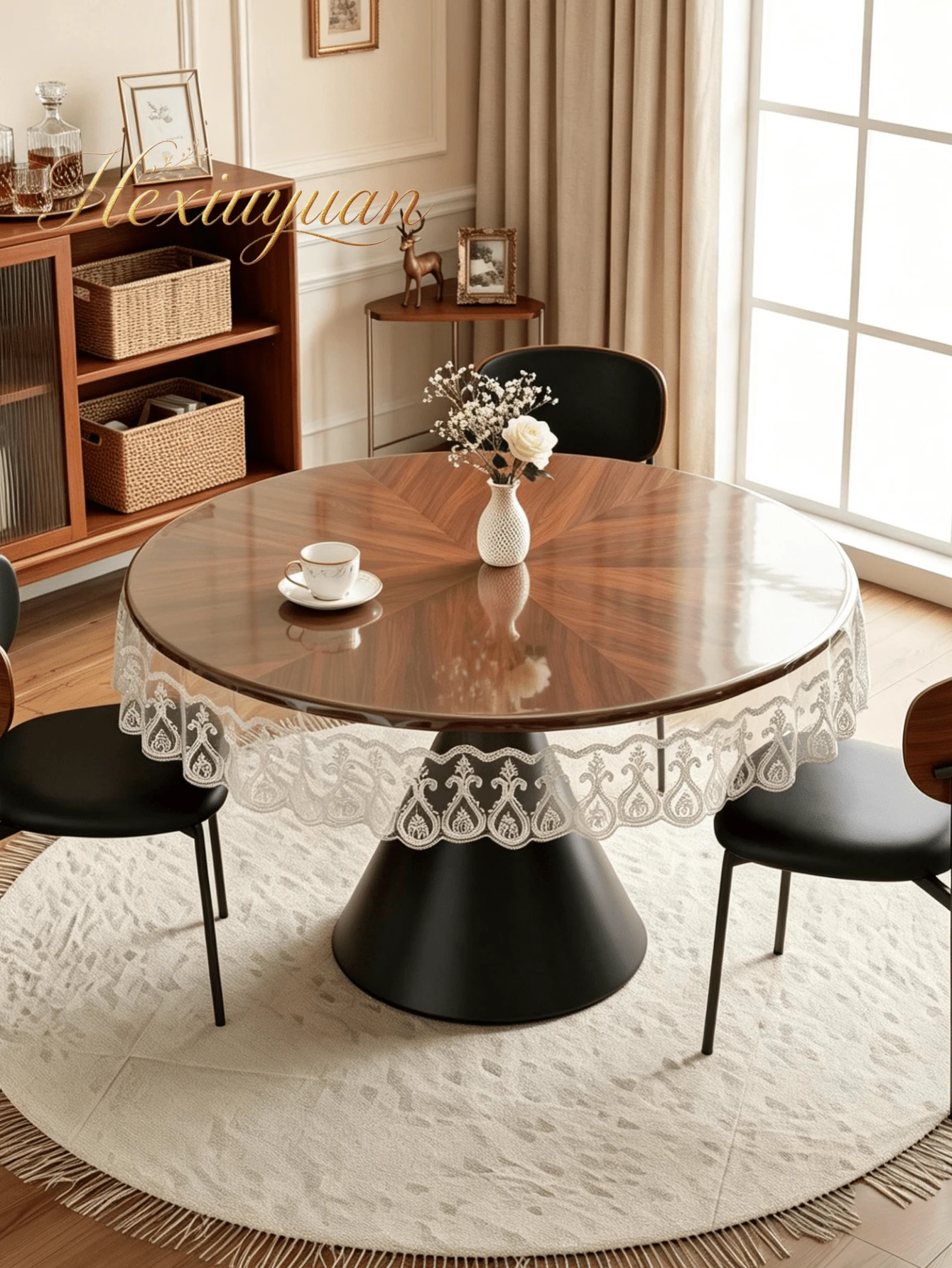 1pc Transparent PVC Round Tablecloth With White Floral Lace Trim, Suitable For Home, Kitchen, Party, Wedding Decoration - Off-white - View 1