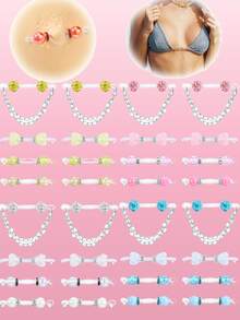 4 Pairs Fake Nipple Piercing Fake Nipple Rings Non Piercing Jewelry Adjustable Elastic Nooses Chain Heart Balls Cute Body Jewelry - Multicolor - View 1