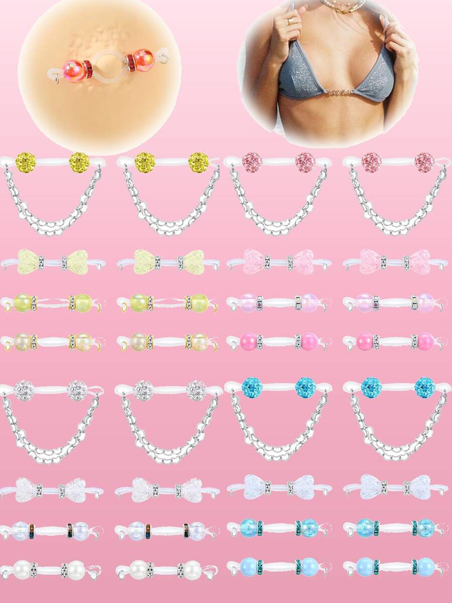 4 Pairs Fake Nipple Piercing Fake Nipple Rings Non Piercing Jewelry Adjustable Elastic Nooses Chain Heart Balls Cute Body Jewelry - Multicolor - View 1