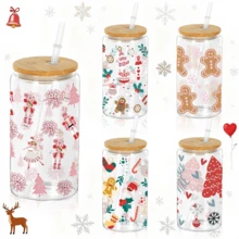 16oz Christmas Decorative Transparent Glass Cup With Bamboo Lid And Straw, Cute Christmas Snowflake, Gingerbread Man And Nutcracker Pattern, Practical Reusable Drinking Cup, Suitable For Holiday Celebration, Desk Decor And Holiday Gift Choice - Multicolor - View 1