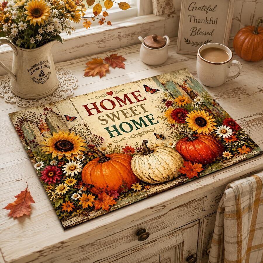 Alfombrilla Absorbente con Estampado Floral & Calabaza de Otoño / Alfombrilla de Secado / Alfombrilla de Secado para Máquina de Café & Platos - Protector de Superficie de Poliéster Absorbente con Respaldo de Goma Antideslizante, Decoración de Encimera de Cocina - Mantel Individual para Bar en Casa & Mesa de Comedor - Multicolor - Ver 1