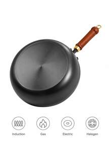 1pc Black Non-Stick Deep Frying Pan With Heat-Resistant Wooden Handle, Induction Gas Electric Halogen Compatible Skillet Wok, Professional Kitchen Cookware For Sautéing Stir-Frying Eggs Pancakes, Even Heat Distribution, Easy To Clean - View 2