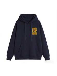 Women's Vintage Letter Print Sweatshirt, Loose Drop Shoulder Long Sleeve Kangaroo Pocket Casual Pullover Sweatshirt, Autumn/Winter - Navy - View 5