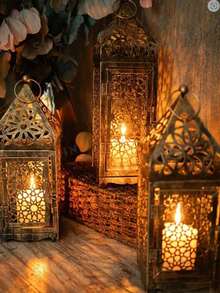 High-End Moroccan Style Metal Lantern Set, Hollow Projection Iron Candle Holder, Suitable For Halloween, Valentine's Day, Thanksgiving And Christmas Holiday Tabletop Decor, Home Kitchen Decoration - Child-Friendly, Easy Installation - A - View 3
