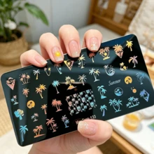 MouTeen133 夏季熱帶棕櫚樹美甲印花鋼板 海灘日落波浪美甲印花模板 椰子樹印花鋼板 - 彩色 - 查看 1