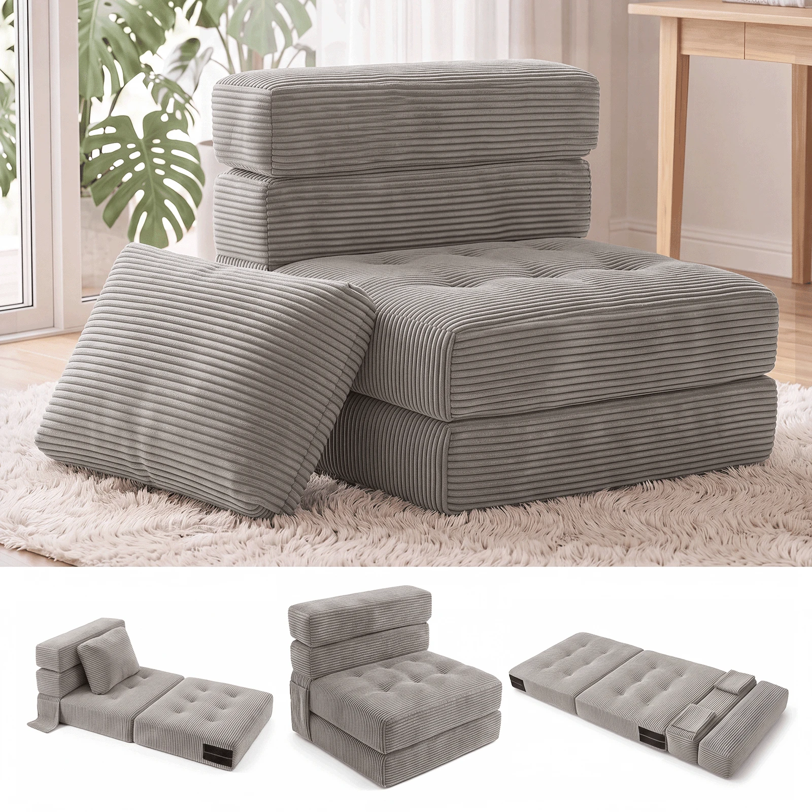 Wandelbares Sofa 4 in 1, klappbarer Sessel mit Seitentasche, Komfortschaum, Cordbezug, Kissen und Kopfstütze, für Wohnzimmer oder kleine Räume - Grau - Übersicht 1