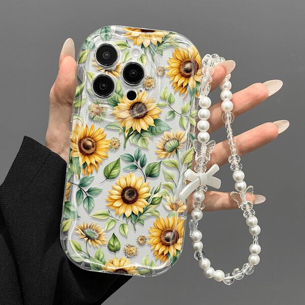 Transparente Handyhülle mit welligem Rand, Vollprint-Sonnenblumen- und grünen Blatt-Blumenmuster, Perlen-Schleifen-Charm-Kette, INS sonniger energischer Mädchenstil, Vollschutz Anti-Fall TPU Soft-Schutzhülle, kompatibel mit Galaxy S22/23/24/S25/A04/05/06/A07/A17/A14/A15/A16/A24/A25/A34, Note 7/8/9/10/11/12/13/14