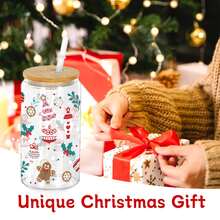 16oz Christmas Decorative Transparent Glass Cup With Bamboo Lid And Straw, Cute Christmas Snowflake, Gingerbread Man And Nutcracker Pattern, Practical Reusable Drinking Cup, Suitable For Holiday Celebration, Desk Decor And Holiday Gift Choice - Multicolor - View 4