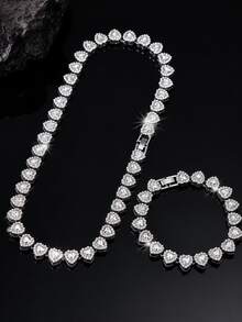 2pcs Heart-Shaped Rhinestone Tennis Chain Set, Heart-Shaped Rhinestone Necklace + Bracelet, Gold Hip-Hop Style Accessories, Niche Unisex Jewelry - Heart Necklace Set - View 1