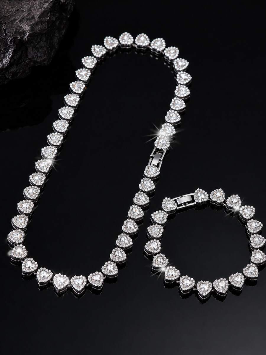 2pcs Heart-Shaped Rhinestone Tennis Chain Set, Heart-Shaped Rhinestone Necklace + Bracelet, Gold Hip-Hop Style Accessories, Niche Unisex Jewelry - Heart Necklace Set - View 1