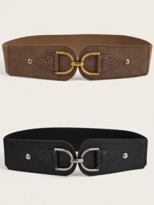 2pcs Women's Solid Color Casual Party Sexy Street Elegant Western Style Buckle Elastic Waist Belt, Versatile For Jeans, Leather Skirts, Waist-Cinched, All-Season - Multicolor - View 8