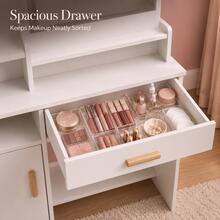 White Makeup Vanity Desk With LED Mirror, 3-Level Adjustable White Light & Touch Control, Spacious Drawer, Open Shelves And Side Cabinet With Removable Shelf, Compact Dressing Table For Bedroom, USB Powered - White - View 6