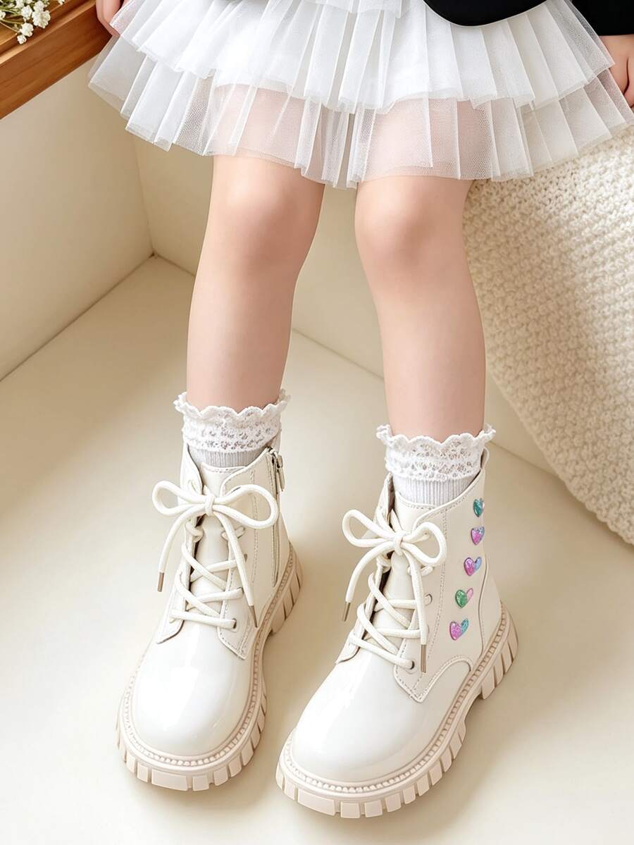 1 Pair Kids Lace-Up Short Boots, Fresh Colorful Heart Design, Suitable For Casual Outings, School Commuting, All-Season Versatile - Beige - View 1