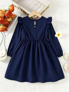 Girls' Navy Blue Floral Print Long Sleeve Dress, Ruffle Shoulder Puff Sleeve A-Line Casual Dress, Suitable For School, Daily Wear And Outdoor Activities - Navy Blue - View 4