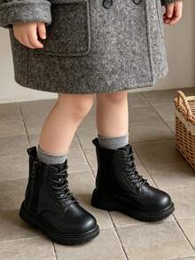 1 Pair Fashionable Children's Classic Lace-Up Boots, Minimalist Plain Round Toe Short Boots, Suitable For School Daily Wear And Casual Outings, Versatile For All Seasons - Black - View 2