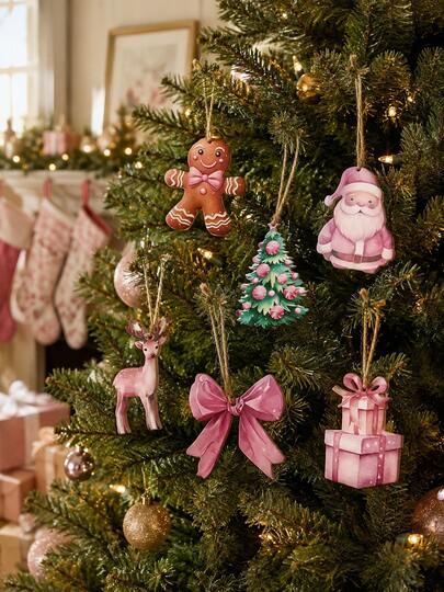 6pcs Pink Sweet Bow Christmas Tree Hanging Ornaments, Gingerbread Man, Santa Claus, Reindeer, Bow, Gift Box And Christmas Tree Pendants, Soft Pink Holiday Decor, Lightweight Printed Directly Hangable Christmas Ornaments With Hanging Rope, Cute Vintage Farmhouse Style Christmas Decoration, Christmas Tree Garland Bunting Decor, Winter Party Supplies, Christmas Gift Exchange, Christmas Stocking Stuffer, New Year Season Home Decor