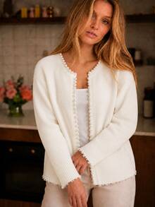 Women's Autumn/Winter Solid Color Casual Jacket, Pearl Trim, Distressed Hem, Long Sleeve Wool Cardigan - Beige - View 2