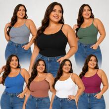 Basic Ribbed Spaghetti Strap Tank Top Plus Size - Blau - Übersicht 2