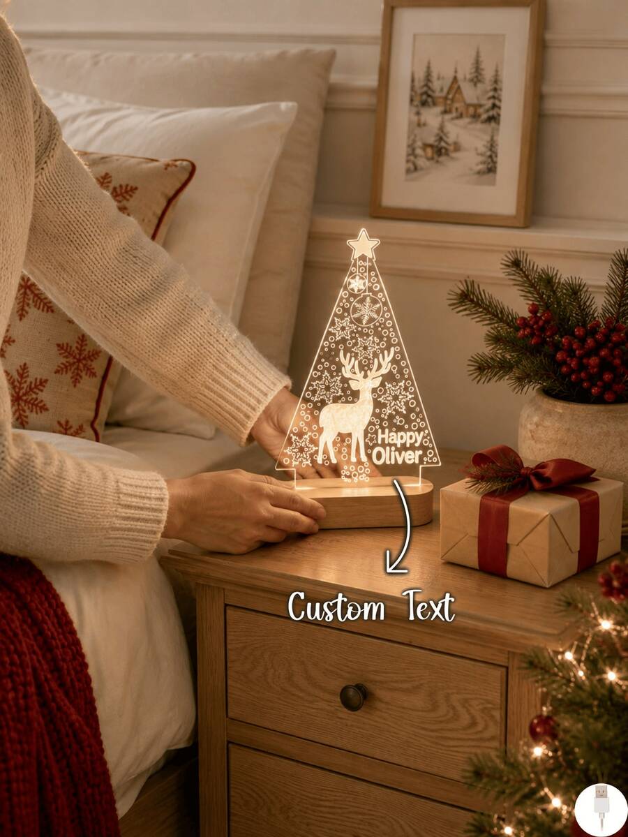 1PC Personalized Christmas Tree Deer Acrylic LED Night Light, Custom Name Holiday Lamp With Wooden Base, Snowflake Reindeer Xmas Table Decor, Winter Bedroom Home Decoration, Festive Gift - Multi-color 8 - View 1
