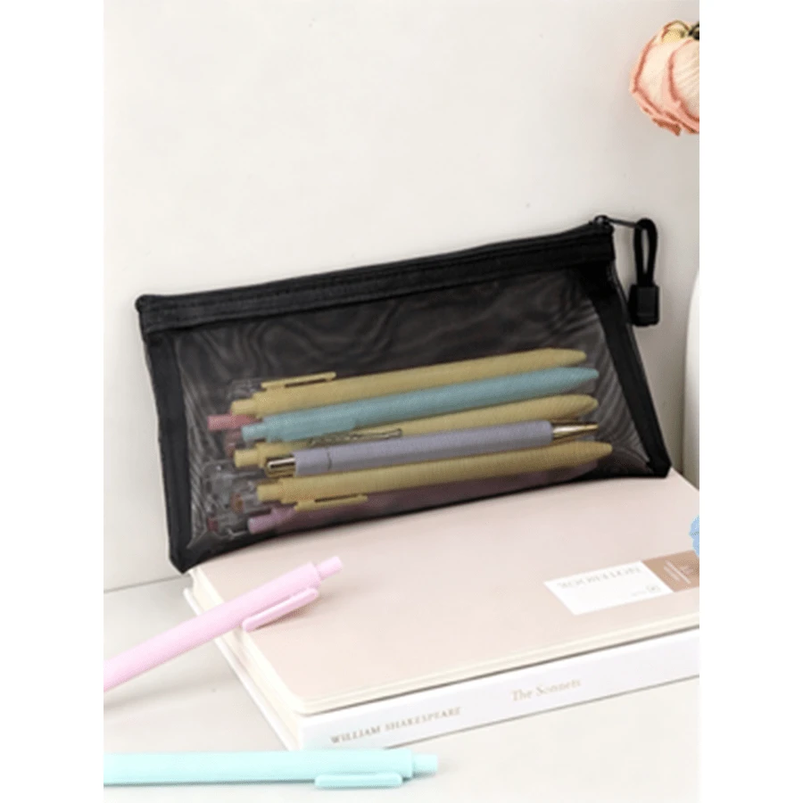 1/2/5pcs Minimalist Black Sheer Mesh Pencil Case Stationery - Black - View 1