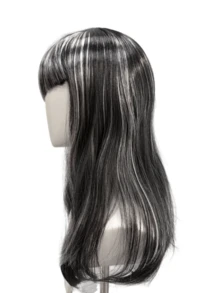 Women's Black Silver Streak Long Wavy Wig Synthetic Straight Bangs Gothic Vampire Style For Halloween Cosplay Party Costume - Black and White - View 7