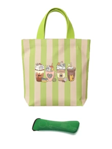 Set Tas Bekal Kanvas Bergaris + Tas Penyimpanan Peralatan Makan, Ringan, Dapat Dilipat, Mudah Dibersihkan, Untuk Kerja, Perjalanan, Bekal Sekolah, Piknik, Bepergian, Pekerja Kantoran, Pelajar, Komuter, Kembali ke Sekolah, Perlengkapan Perjalanan, Hadiah Ulang Tahun - MultiWarna - View 11