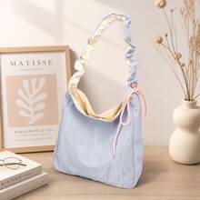 Women's Ruched Strap Contrast Color Tote Bag, Large Capacity Gym Shoulder Bag, Lightweight Durable Soft Strap With Pressure Relief, Drawstring Decor Design Underarm Bag, Fresh Light Blue, Suitable For Sports Gear, Commuting, Shopping, Travel, Daily Casual Use - Multicolor - View 8